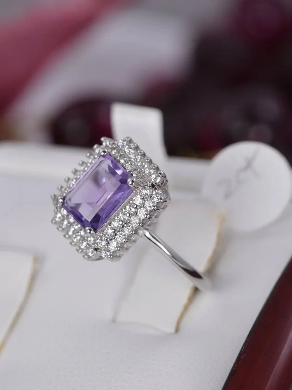 Natural Halo Radiant Cut Amethyst Sterling Silver Ring Size 7